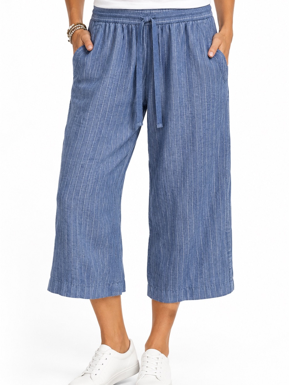 Talbots Blue Pinstriped Drawstring Wide-Leg Crop Pants